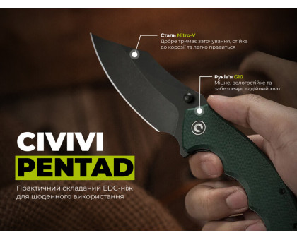 Ніж складаний туристичний Civivi Pentad (8.8 см) Nitro-V / G10 зелений