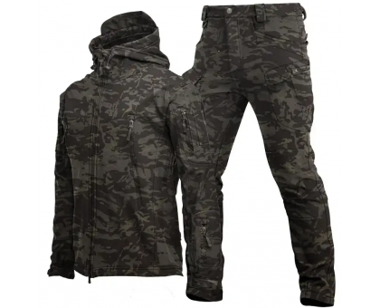 Демісезонний утеплений костюм SoftShell Dark Camou (куртка + штани) на флісі