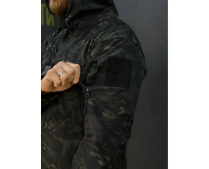 Демісезонний утеплений костюм SoftShell Dark Camou (куртка + штани) на флісі
