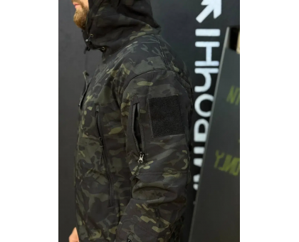 Демісезонний утеплений костюм SoftShell Dark Camou (куртка + штани) на флісі
