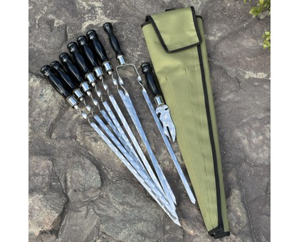 Набір шампурів Ліра 6/1/1 з чорною дерев'яною ручкою в зеленому чохлі