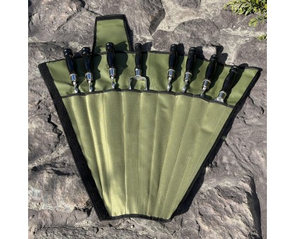 Набір шампурів Ліра 6/1/1 з чорною дерев'яною ручкою в зеленому чохлі