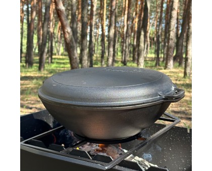 Сковорода WOK чавунна 8л з кришкою-гриль для відкритого вогню