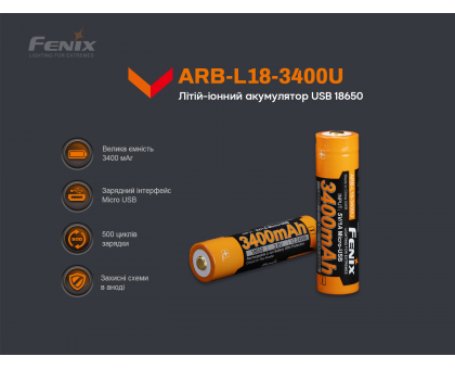 Акумулятор 18650 Fenix (3400 mAh) micro usb зарядка